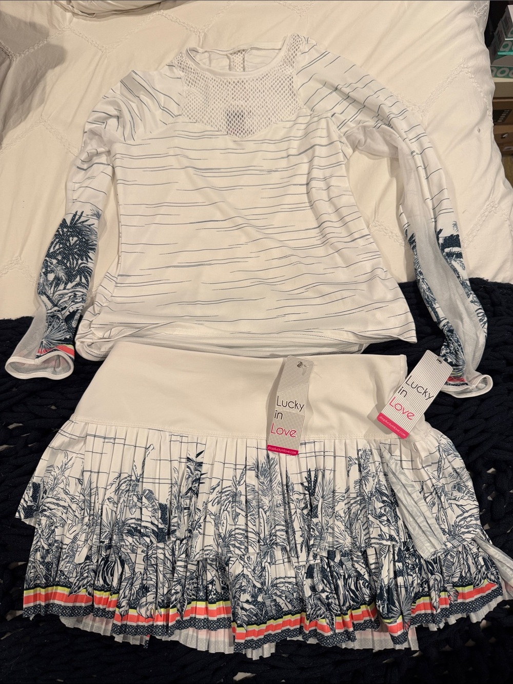 Lucky in Love White and Navy Pleated Tennis Skirt and top with colorful Stripe